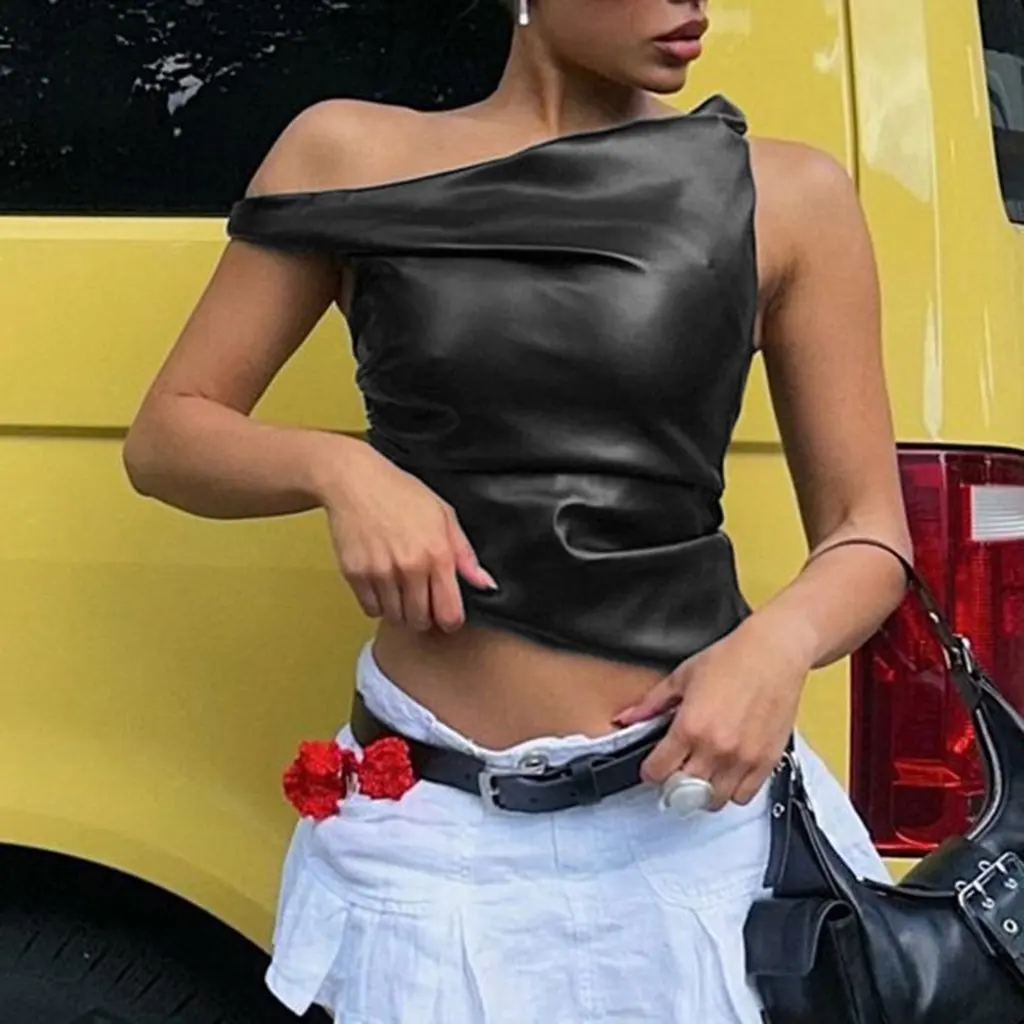 

Women's Sleeveless Leather Vest European American Style Diagonal Shoulder Fashion Irregular Top New Personalized Clothing