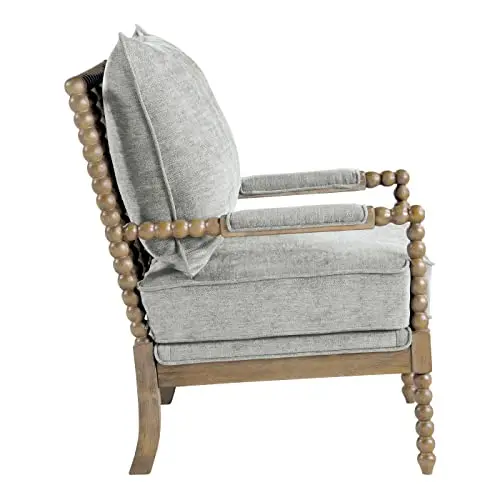 

Smoke Grey Fabric Accent Chair Featuring Rustic Brown Turned Wood Spindle Frame