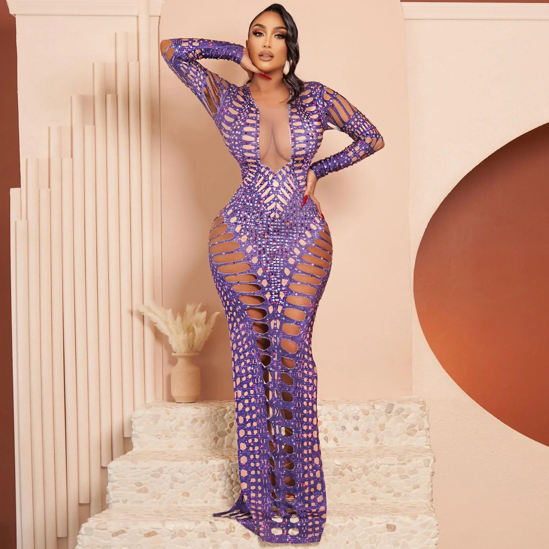 Ripped Tight Hip Sexy Dress Fashion Press Drill Printed Long Dress Hollow  Long Sleeve Slim Dress Lady Streetwear Summer Dress - AliExpress 200000345