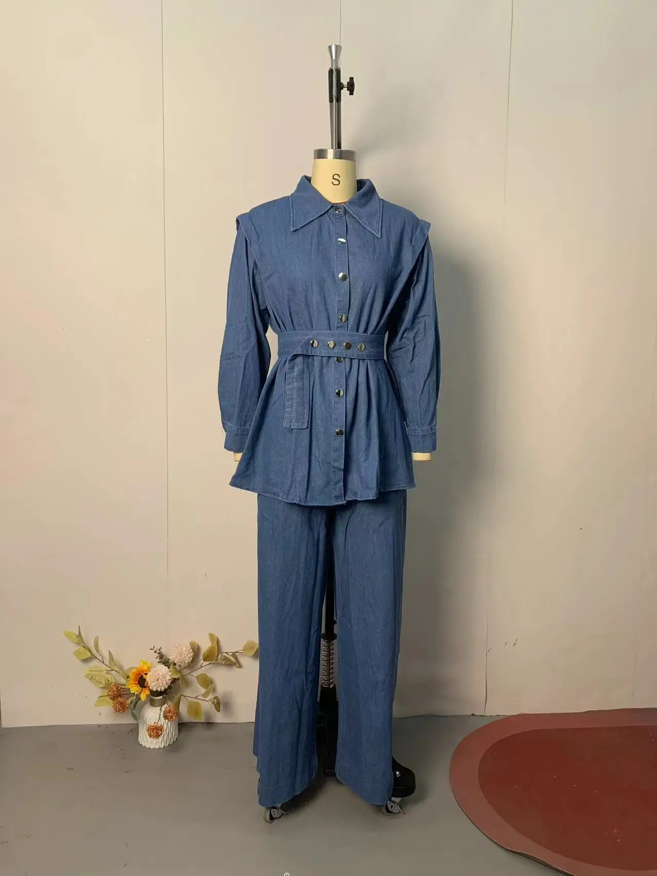 SuperAen European and American Style 2026 Autumn New Single Breasted Women's Coat Retro Simple Blue Long Pants Two Pieces Sets