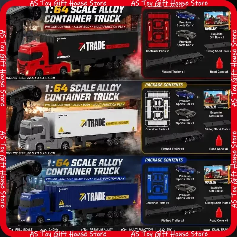 Rtr 1 64 Scale Rc Trailer Truck Alloy Remote Control Container With Flatbed Diy Includes Two Mini Sports Cars Gift For Adults view 3