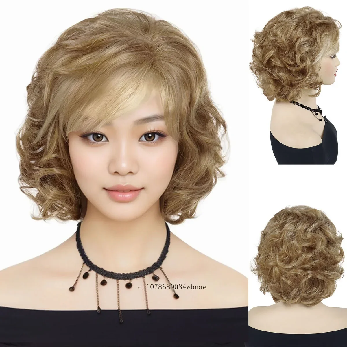 Synthetic Hair Short Curly Wavy Wigs with Bangs for Women Daily Party Costume High Temperature Fiber Mommy Wig Natural Looking