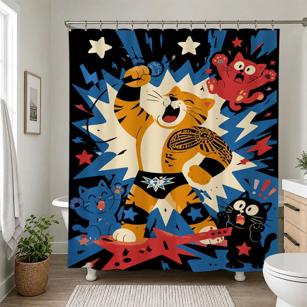 Fun Cartoon Cat Shower Curtain Blue Pop Art Style Bathroom Decor Novelty Shower Curtain