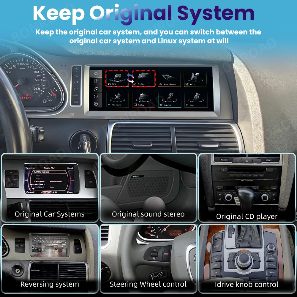 BONROAD Reproductor de radio para coche de 10,25 pulgadas, 1920*720P, pantalla táctil multimedia, CarPlay inalámbrico, Android Auto para Audi Q7 4L 2006-2015 con AirPlay Auto Link, Bluetooth 5,0, navegación GPS 5