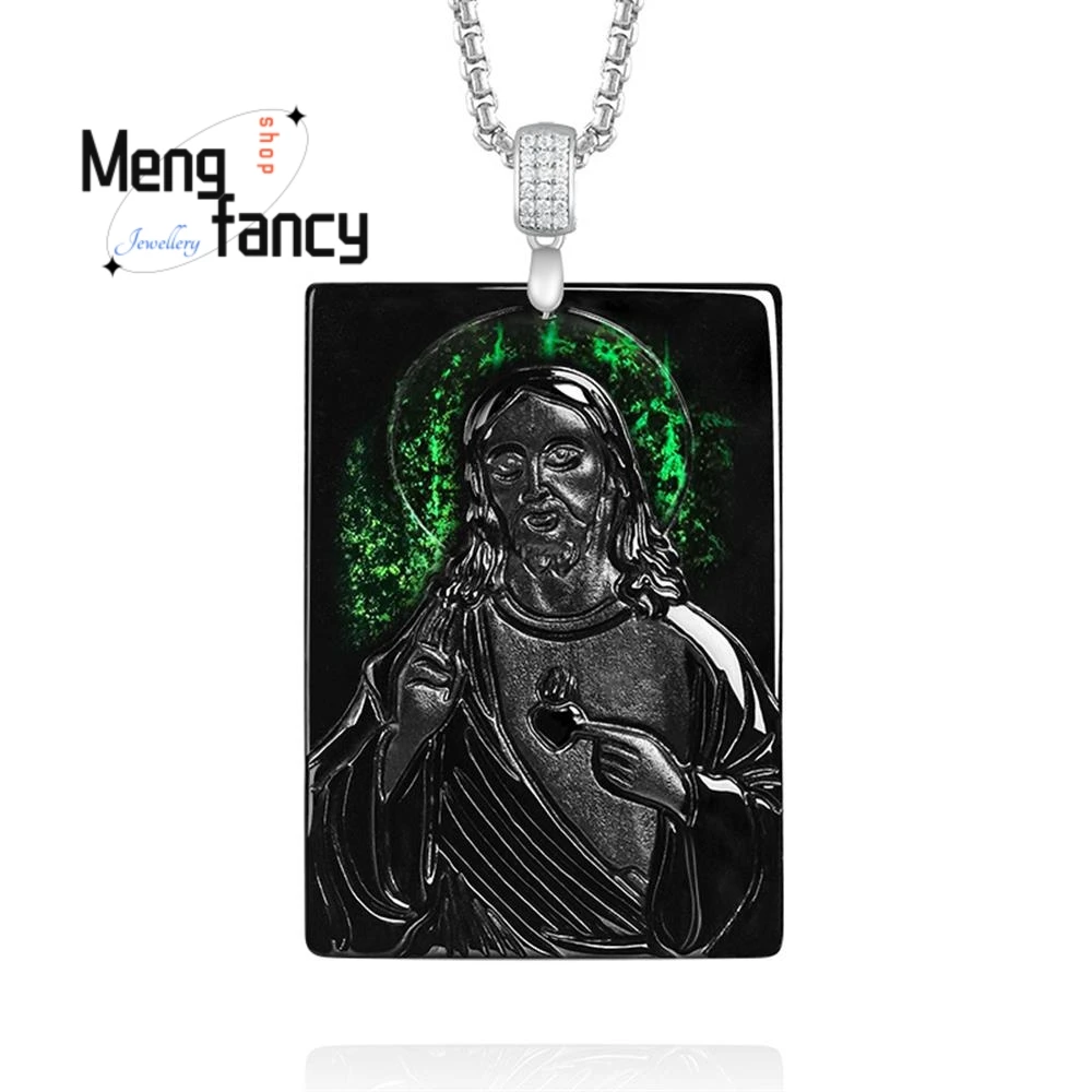 Authentic Natural A-grade Jadeite Black Jade Priest Pendant S925 Silver Clasp National Style Luxury Fashion Jewelry Holiday Gift