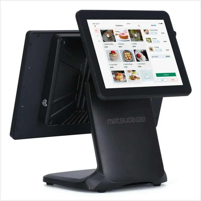 متوفر في المخزون Matsuda POS 17.3 بوصة أبيض وأسود مقاوم للماء POS آلة نظام محطة أمين الصندوق بشاشة مزدوجة