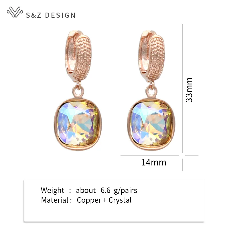 S&Z DESIGN New Fashion Colorful Square Crystal Dangle Earrings For Women Wedding Jewelry Gift 585 Rose Gold Color Eardrop