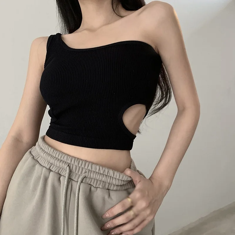 One Shoulder Padded Camisoles for Women Solid Color Base Shirt Sleeveless Tank Top Hollow out Pullover Crop Top