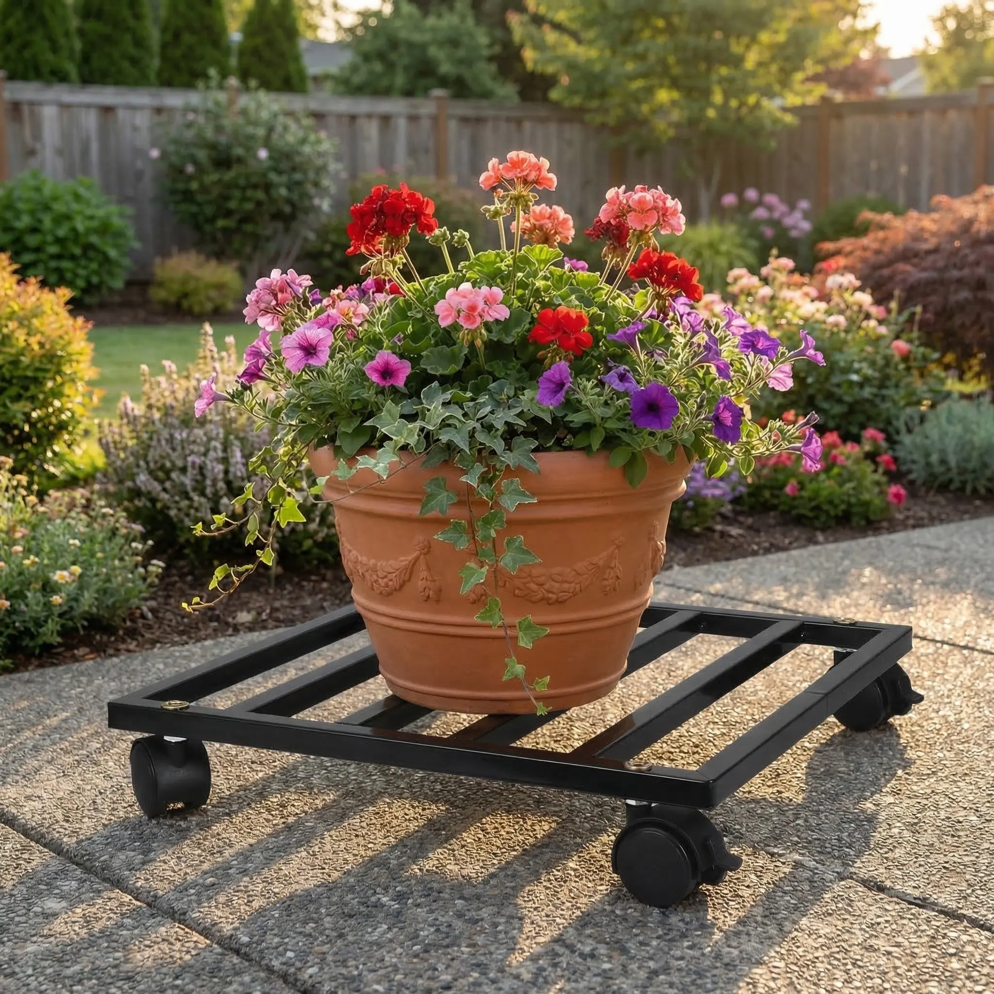 Iron Plant Stand Outdoor 13.8 Inch Square Metal Flower Pot Holder with Wheels Rust Proof Rolling Planter Base Garden Balcony Use