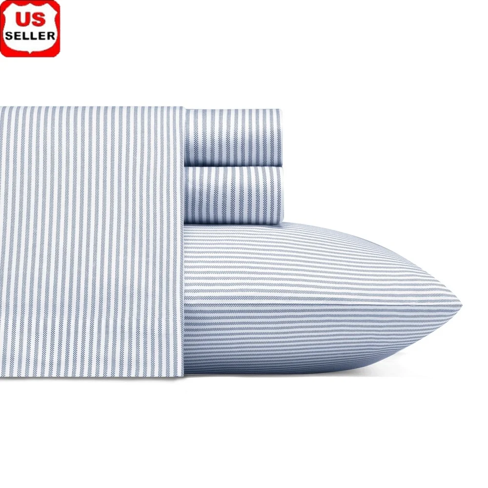 

Cotton Oxford Stripe Twin Sheet Set Breathable Comfortable Fitted Flat Pillowcase Durable 200 Thread Count 12 Inch Pocket Depth