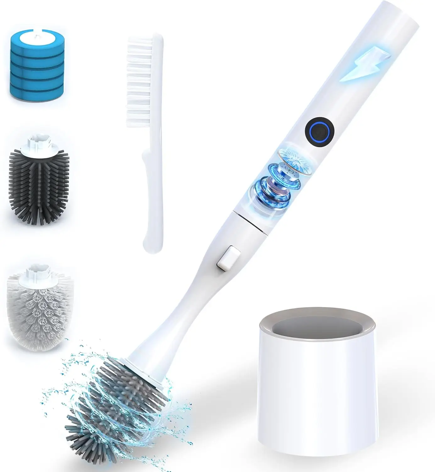 Electric Toilet Brush with Holder, Auto-Clamp Scrubber, 3 Heads & Gap Brush, Compact RV Bathroom Cleaner