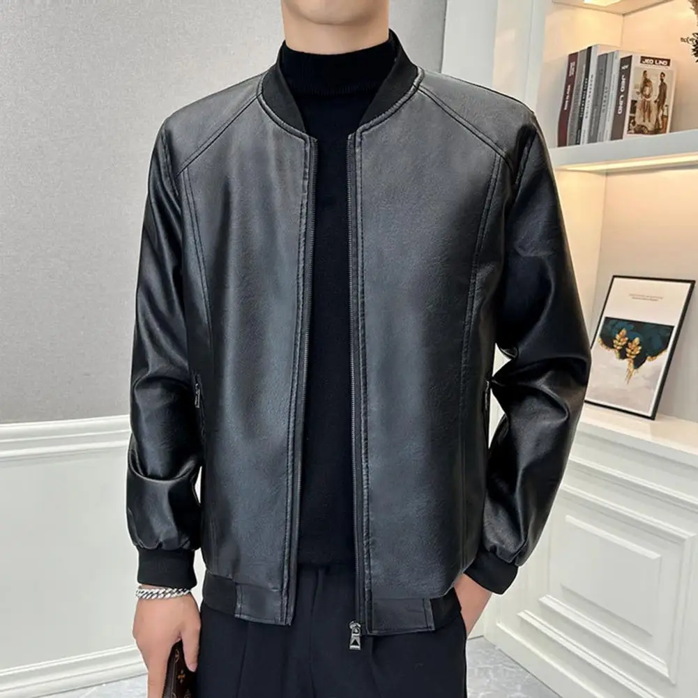 Men Baseball Collar Jacket Stylish Men's Faux Leather Jackets for Sports Office Parties Slim Fit Zipper Closure with for Autumn