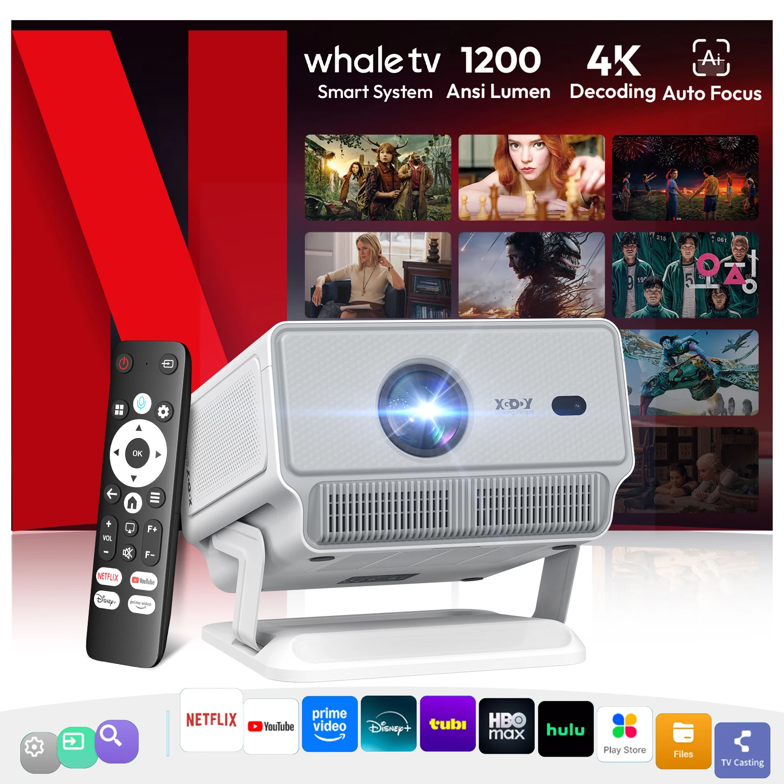XGODY 4K Projector 1200 ANSI Whale TV Voice Control  AutoFocus 6D Keystone Correction Native 1080P 4K WiFi 2G+16G Smart Projector Video Home Theater Gaming Business Projector