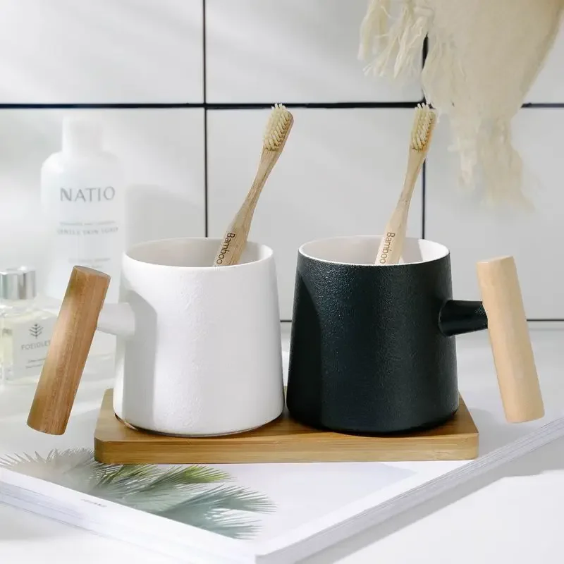 

Сплошной цвет, керамическая чашка для полоскания рта, комплект из двух предметов, костюм для пары, креативная чашка для полоскания рта с деревянной ручкой, комплект для ванной комнаты, подарок