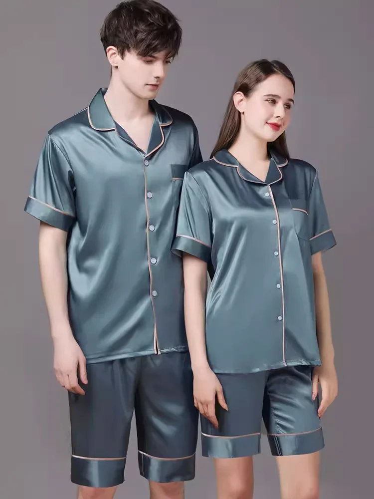 

Summer Pure Silk Couple Pajama Sets Blue Short Matching Pajamas For Women And Men Plus Size Mulberry Silk Sleepwear Short Sets