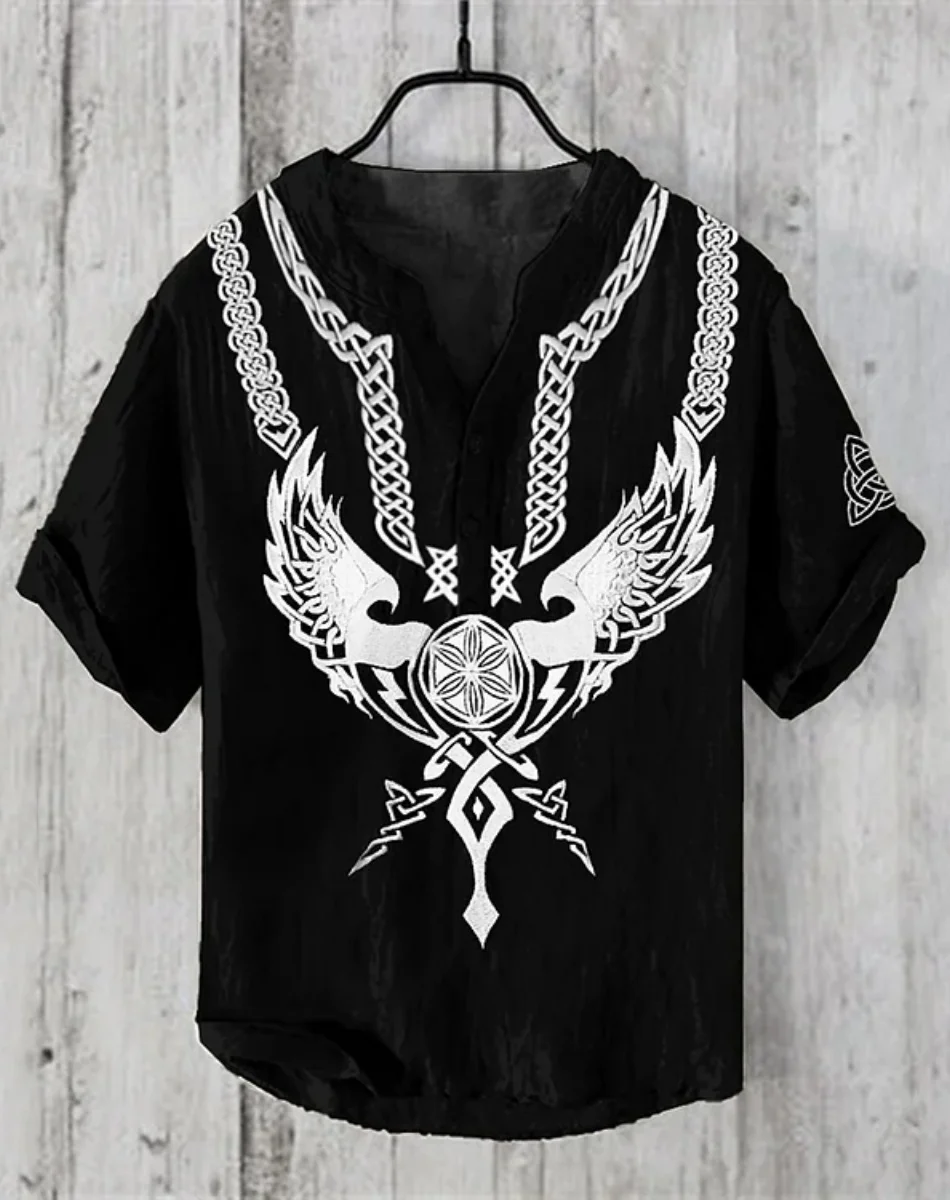 Men's Shirt National Style 3D Printing Viking Men's Fashion Plus Size Button Stand Collar Short Sleeve T-Shirt Men's T-Shirt Top