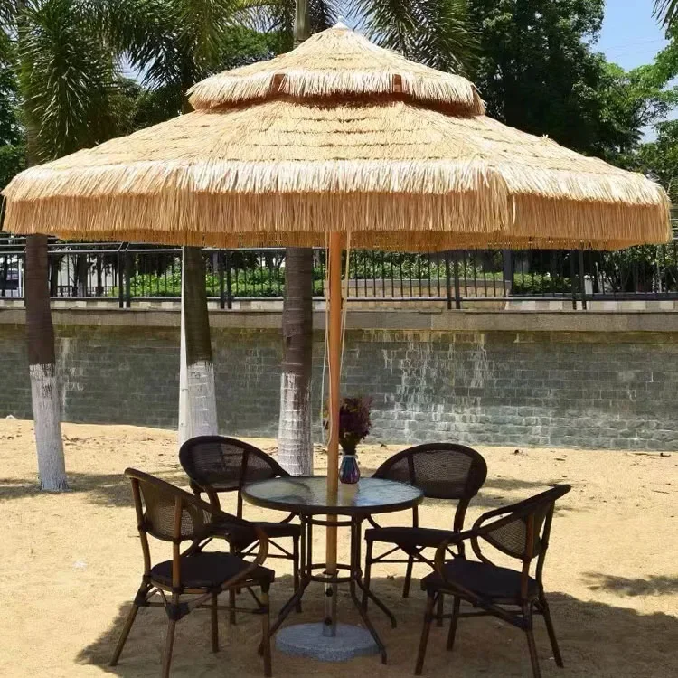 

2026 High Quality Parasol Raffia Beach Round Patio Thatch Roof Waterproof Straw Garden Outdoor Umbrella