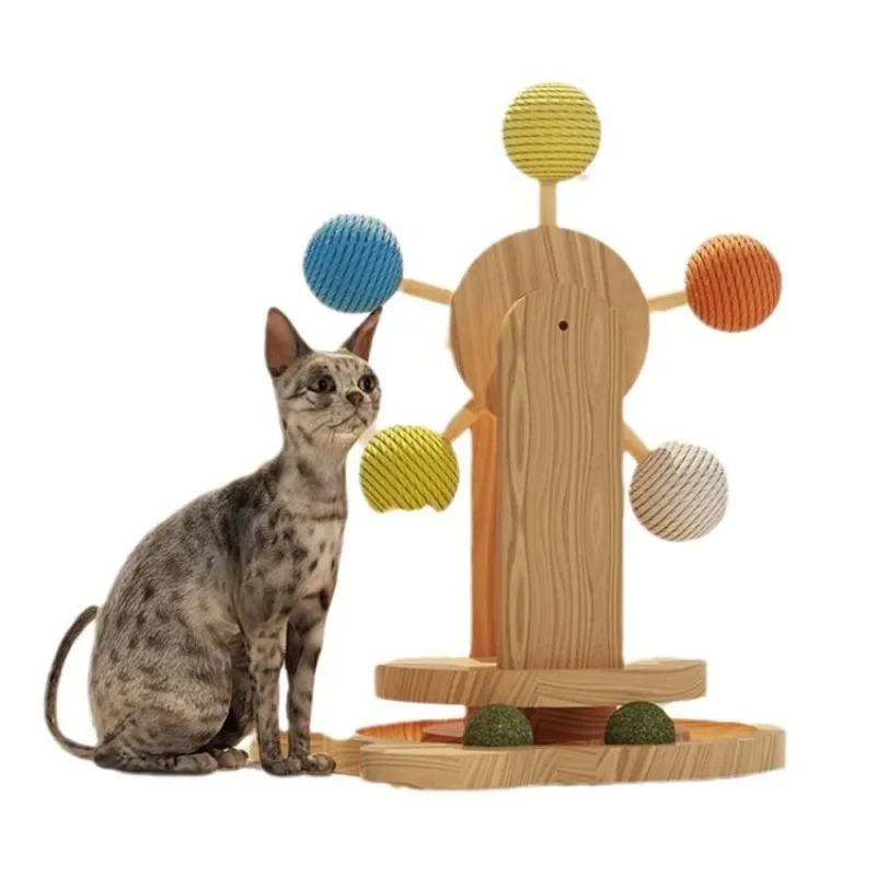 Wooden custom cat toy interactive scratching post with leaky feeding ball