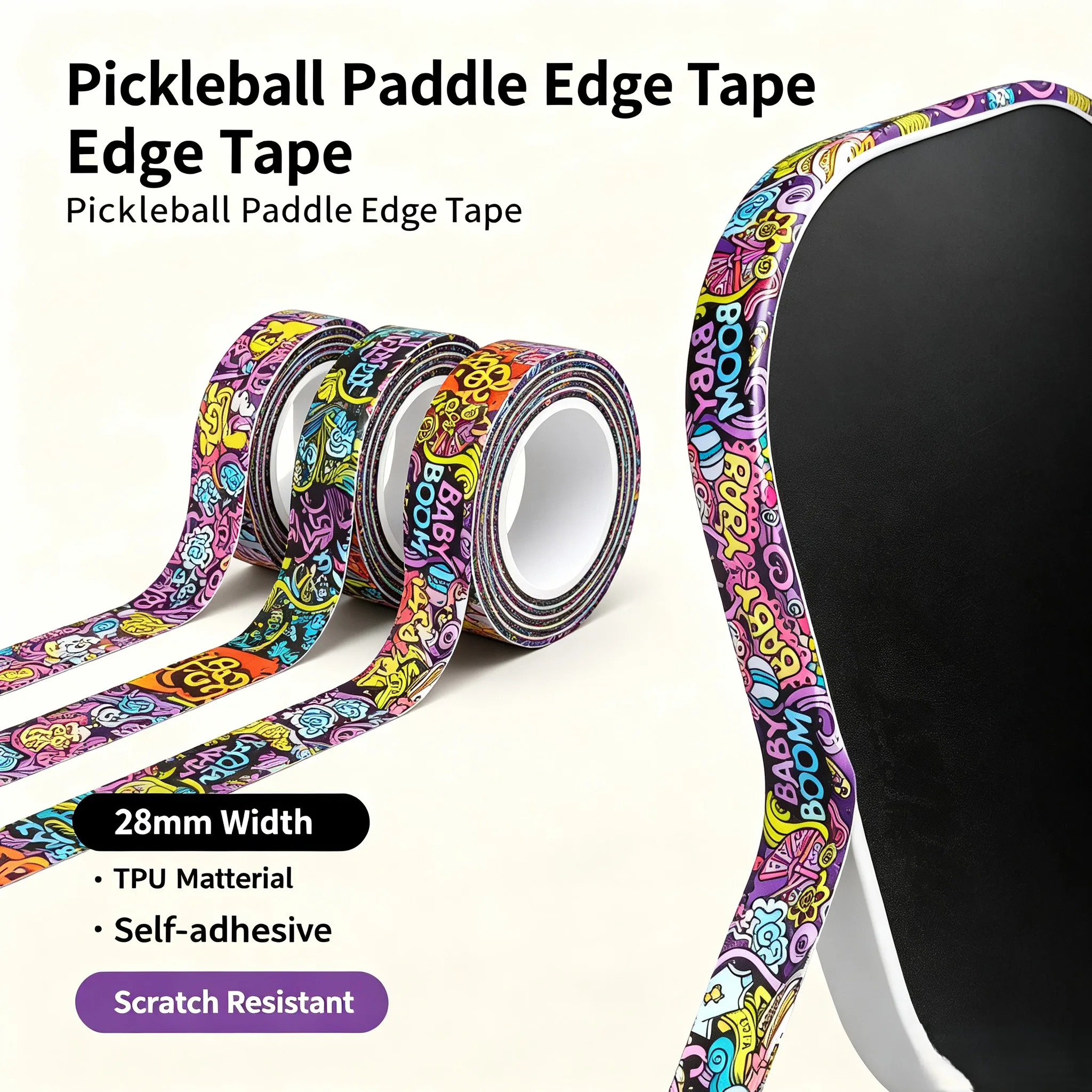 28mm TPU Pickleball Paddle Edge Tape Anti-collision Protective Sticker Graffiti Pattern Racket Side Guard Protector Accessories