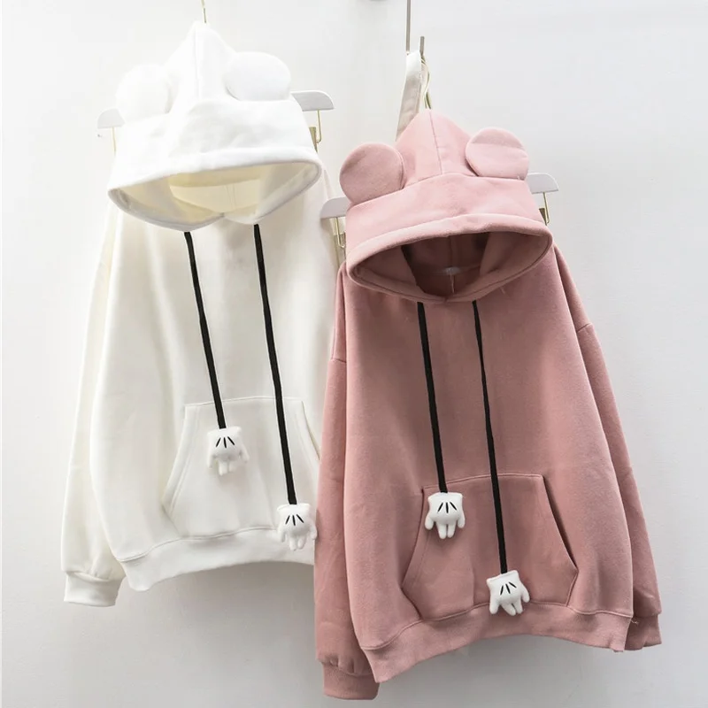 

Корейская свободная женская толстовка с капюшоном на осень-зиму, утепленная флисом, с милым дизайном ушек, в японском стиле, верхняя одежда
