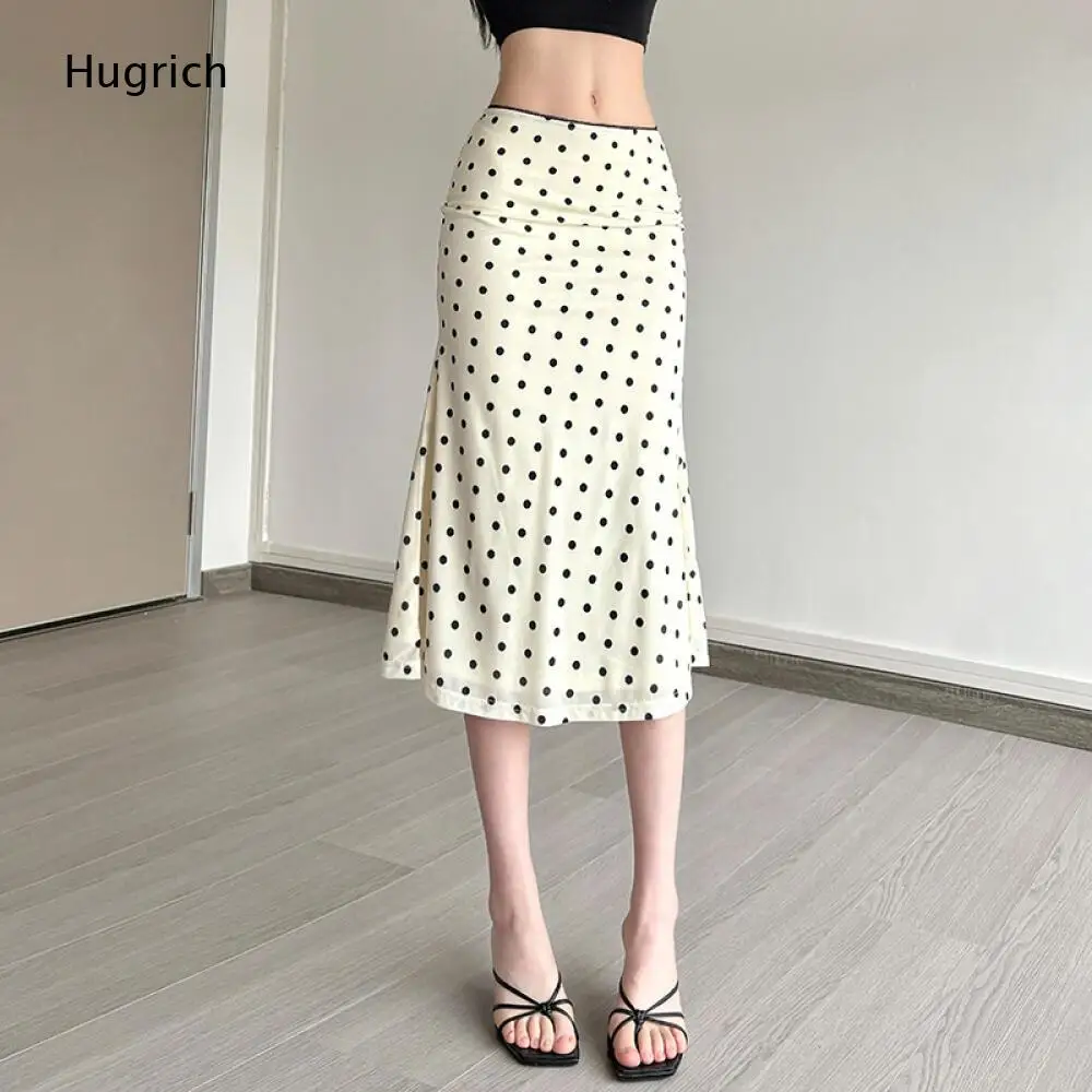 Polka Dot Mesh Pencil Midi Skirt Ladies Beige High Waist Slim Sheer Bodycon Casual Long Skirt