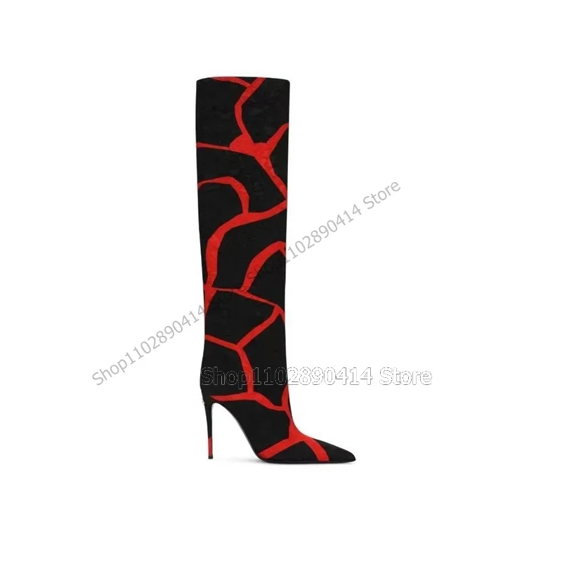 

Mixed Color Totem Print Pointed Toe Boots Knee High Women Shoes Stilettos High Heels Novel Fashion Sexy 2023 Zapatos Para Mujere