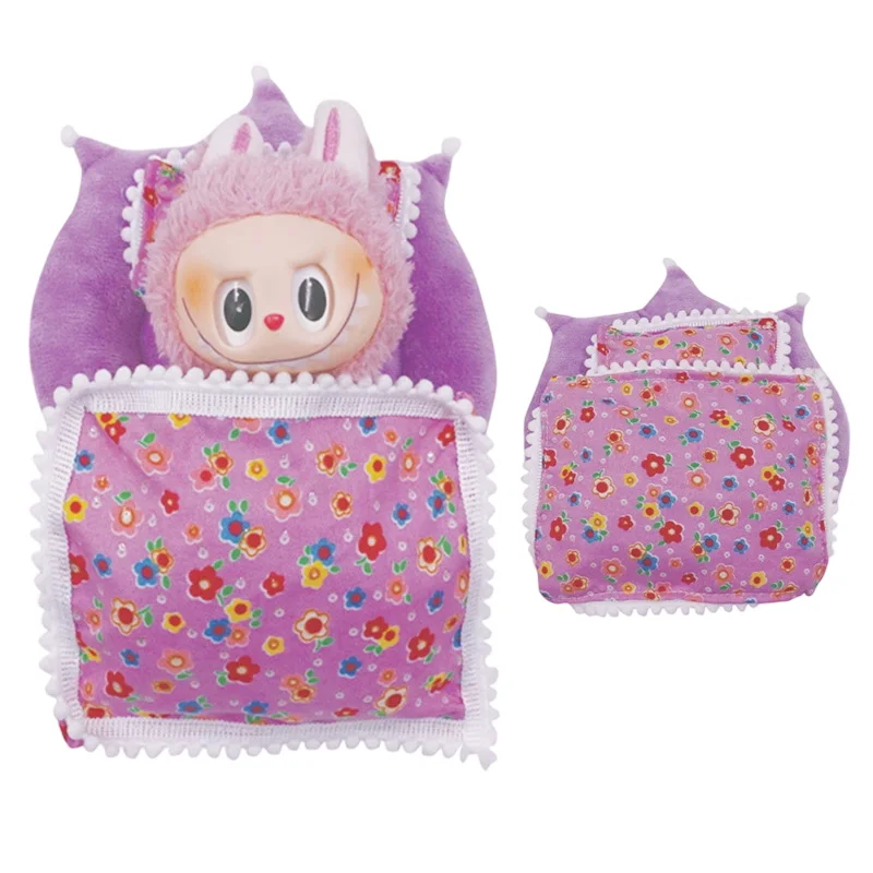 Kawaii Labubu Puppe Mini Schlafsack Bett mit Kissen süße Puppenhaus Dekoration Ornament Cartoon Mädchen Puppe Spielzeug Zubehör