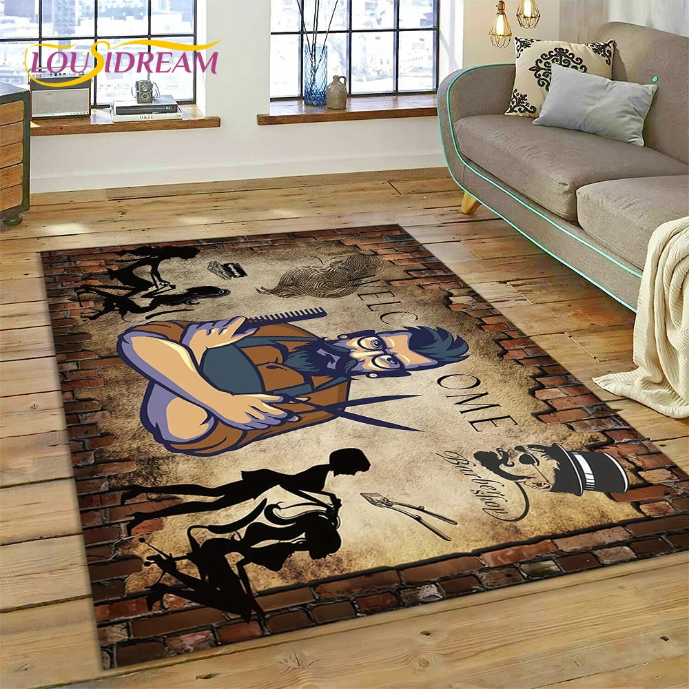 Fashion Barber Shop Logo Skull Vintage Rug Carpet for Living Room Bedroom Decor,Floor Mat Non-slip Decoration for Sofa Doormat
