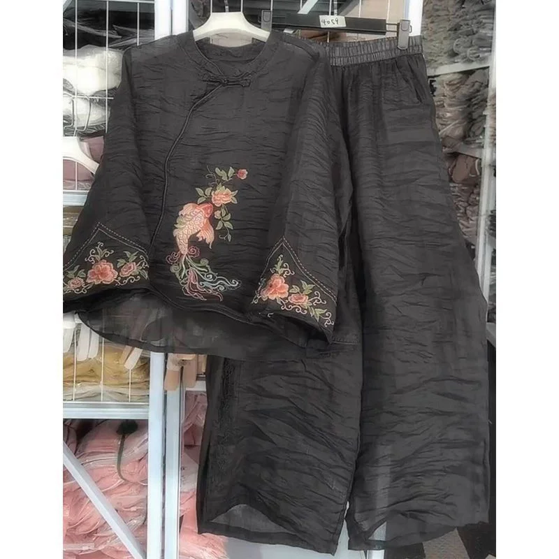 

Ethnic Floral Ramie Women's Set Thin Long Sleeve Top Wide Leg Elastic Waist Pants Suit Chinese Style 2 Piece Sets