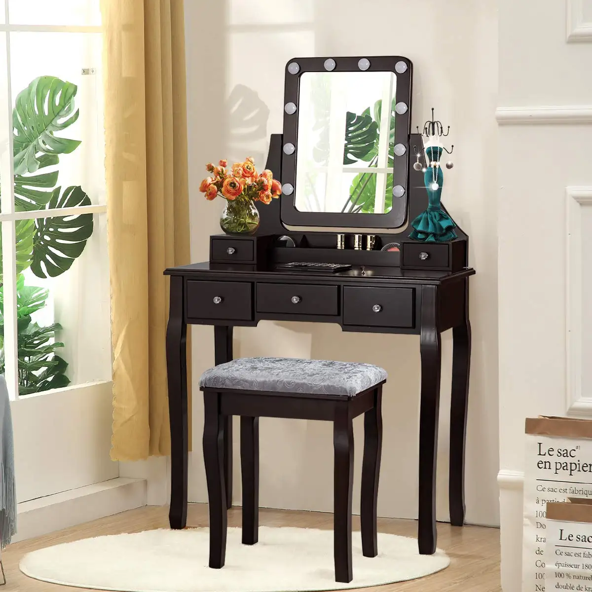 Vanity Table Set w/ Mirror & Stool, Makeup Table w/ LED Bulbs, Bedroom Dressing Table w/ Drawers & Organizer, Brown, Customized