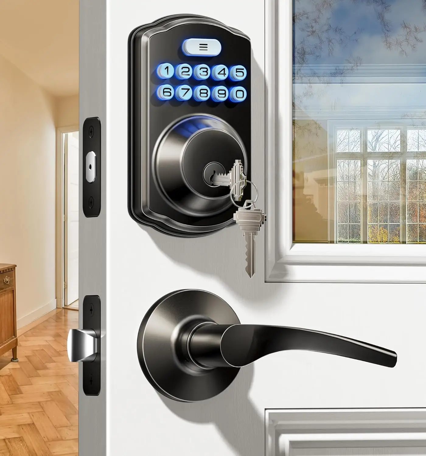 

Entry Door Lock with 2 Lever Handles - Electronic Keypad Deadbolt, Easy Installation Digital Smart Front Door Lock
