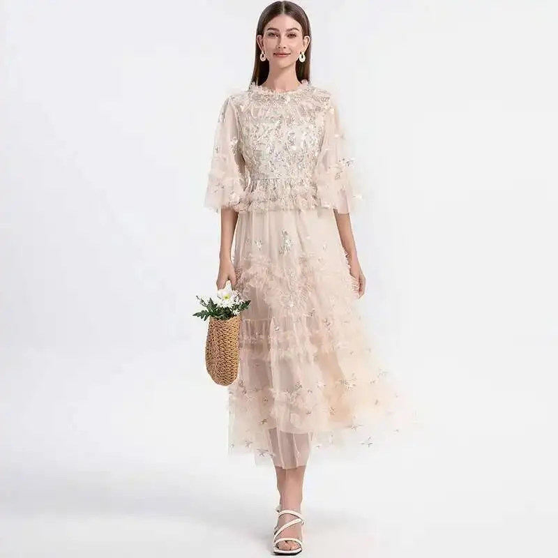 Runway Luxury Long Dresses Women 2026 Summer Holiday Embroidery Flower Ruffles Midi Party Evening Dress Lady Prom Vestidos