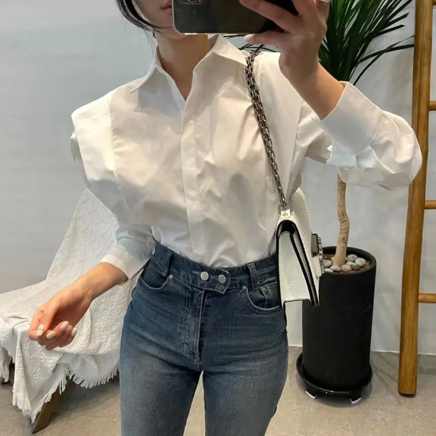 Korean Spring Vintage Women New Simplicity Lapel Collar Patchwork Ruffles Loose Long Sleeved Shirt Solid Color All-match Tops