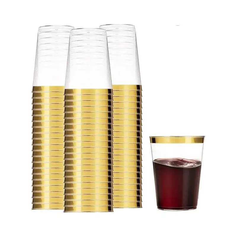 10pcs Golden Plastic Dessert Cups 12oz Hard Disposable Cup PWine Glass Transparent Drink Cup Birthday Wedding Supplied