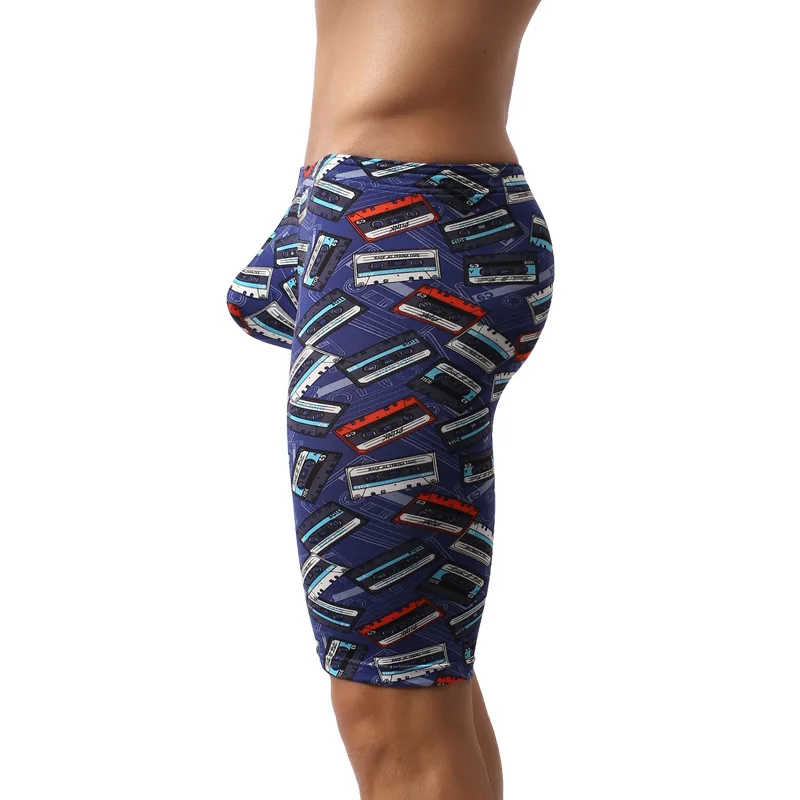 Men Sexy Printed Long Leg Boxers Shorts Convex Pouch Underwear Boxer Underpants Male Sports Gym Fitness Shorts