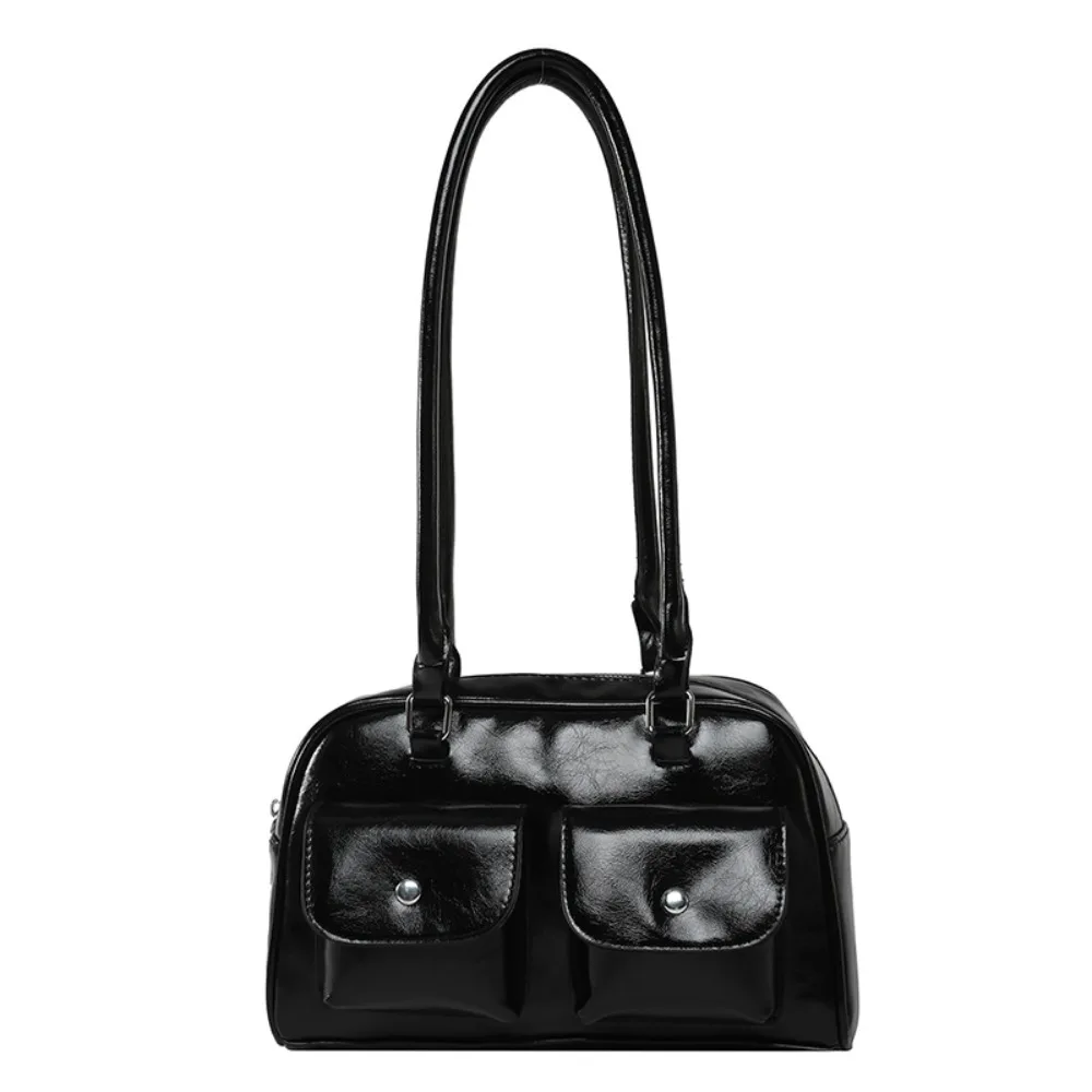 

Mini Korean Style PU Bowling Bag Patent Leather Solid Color Pocket Boston Tote Bag Handbag Minority Design Underarm Bag Portable