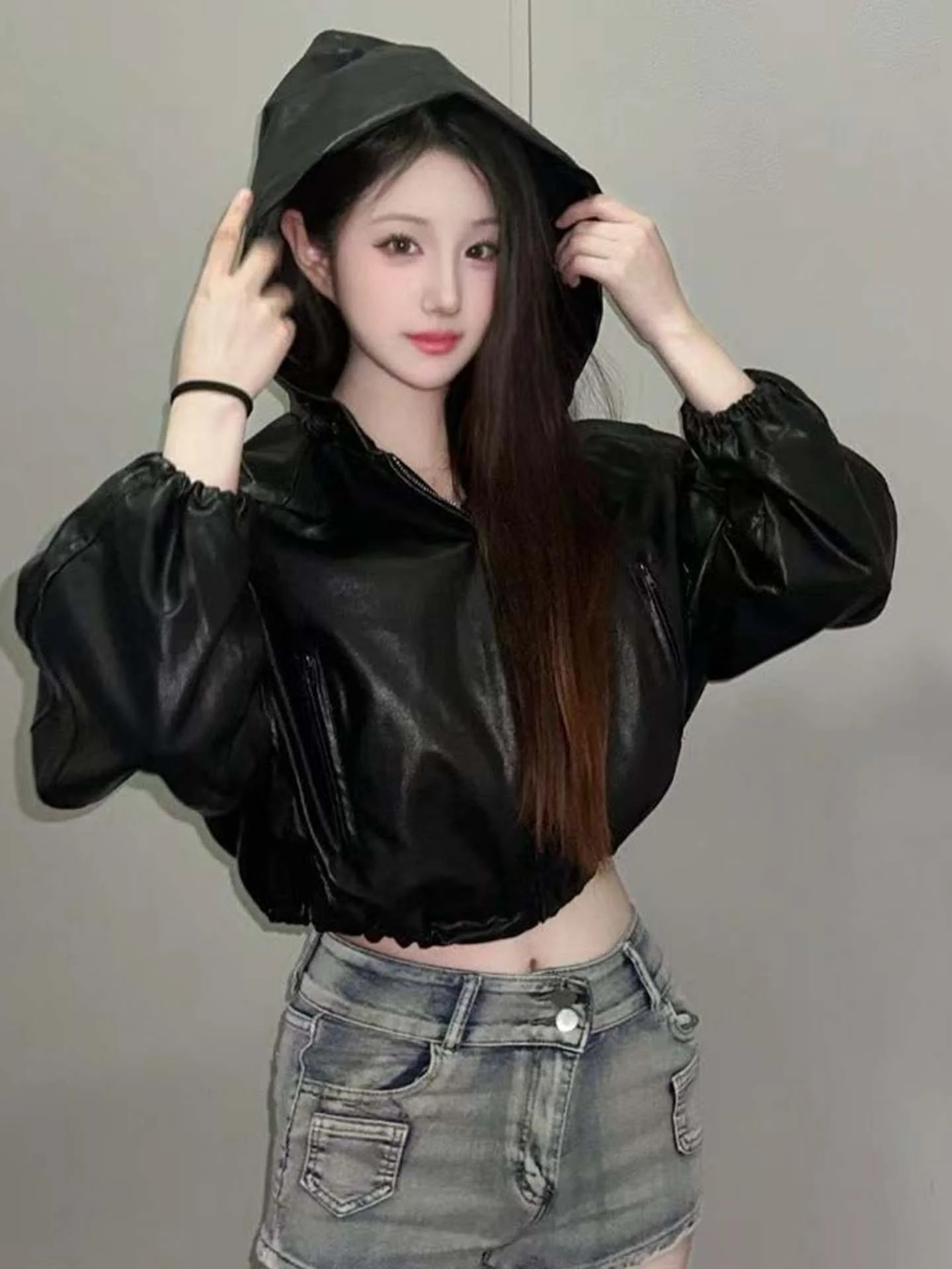 

Cool ort Bla Leather Jaet Women's Spring 2026 Korean Sle Design Sensation ular Trendy Sle Hooded Coat