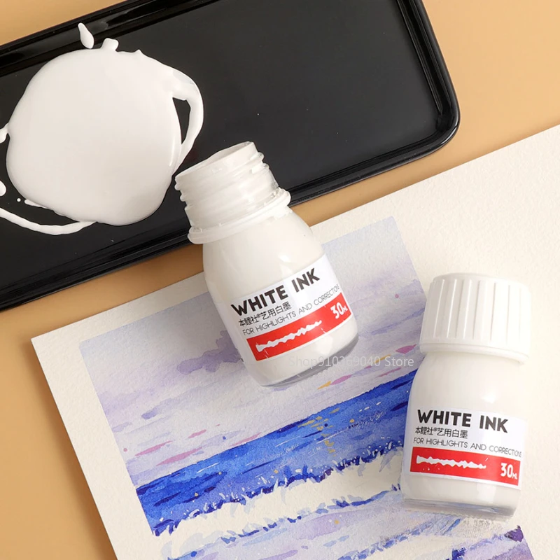 30ML/bottle Watercolor Highlight White Ink Opaque Strong Coverage Painting Hair Dot Highlight Comic White Ink Art Supplies