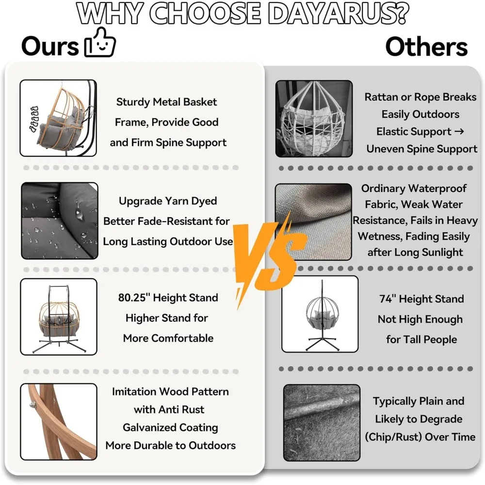 كرسي أرجوحة على شكل بيضة لشخصين في الهواء الطلق مع وسائد، كرسي سلة معلق من الروطان المقلد للاسترخاء #4