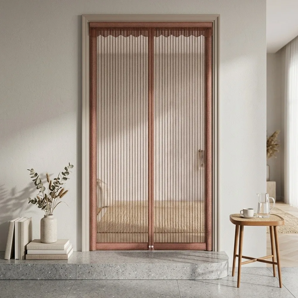 Summer Barrier Door Curtain with Magnetic Closure Striped Coffee for Design Polyester Material 100 cm W x 210 cm H
