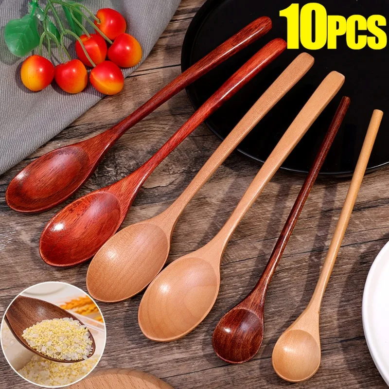 10/1Pcs Wooden Tea Spoon Cooking Stirring Soup Scoop Long Hand Ellipse Kitchen Tableware Set Coffee Dessert Honey Stir Teaspoons