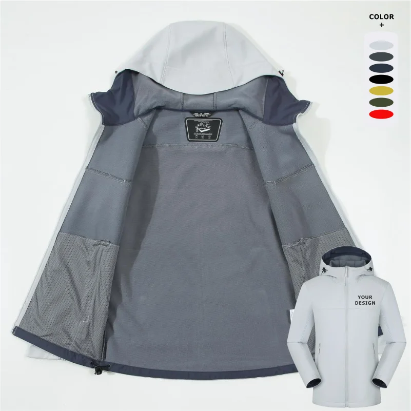 Thickened Hood Men Jacket Waterproof Loose Softshell Hiking Work Uniform Group Uniform Customized Printed Embroidery Coat