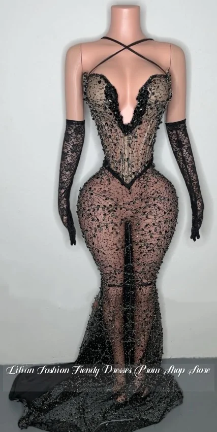 Customised Luxury Beaded Lace Black Mermaid Evening Dresses Sexy See Through Prom Dresses Black Girls Birthday Party Dresses