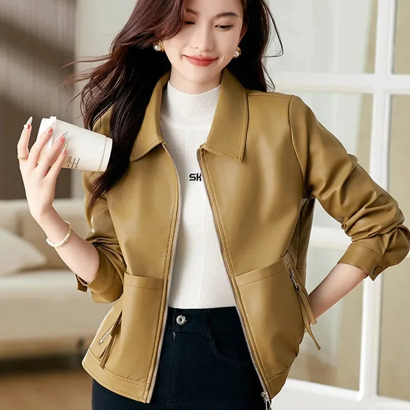 

Pring Autumn New Women Pu Leather Jacket Women KoreanFashion Short Casual All-Match Leather Female Loose Leather Lady Outerwea