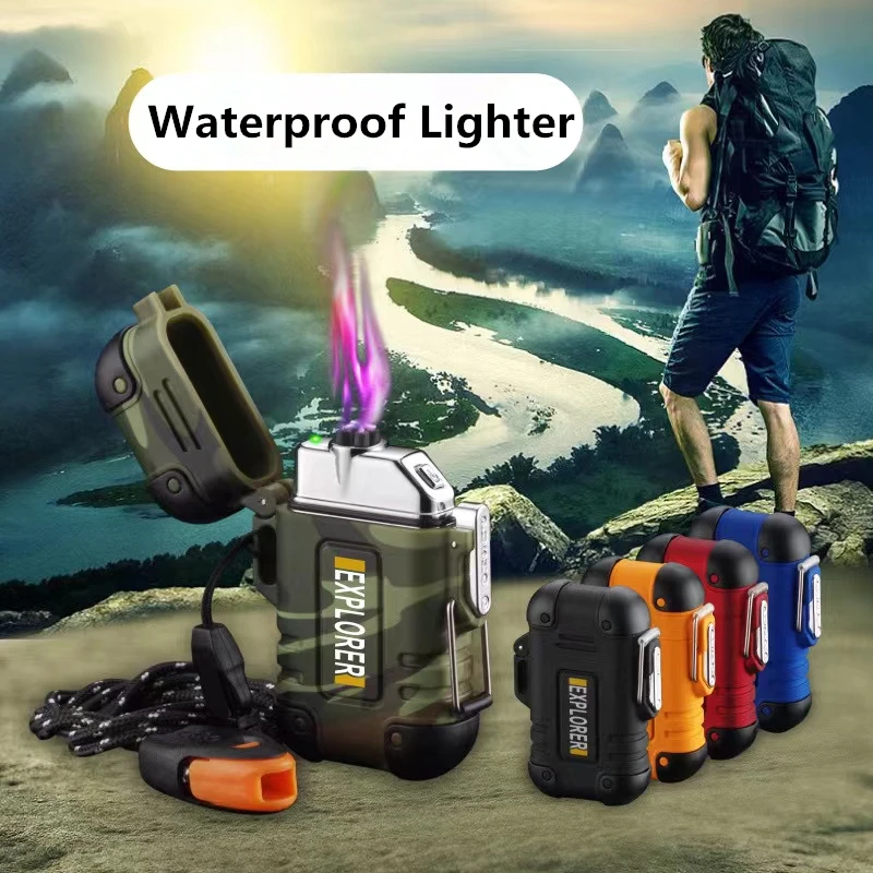 Outdoor Waterproof Dual Arc USB Charging Lighter Mountaineering Hanging Rope Portable Smoking Accessories Men\'s Gift