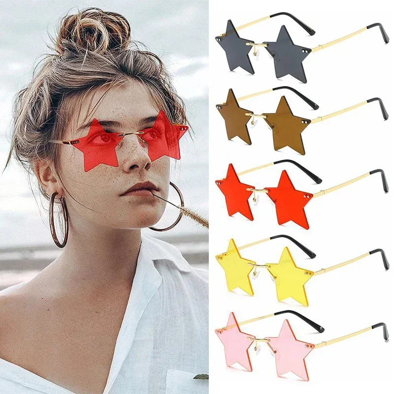 Star Shape Sun Glasses Light Funny Pentagram Eyewear Multi Colors Decoration Party Rimless Sunglasses With Metal Temples