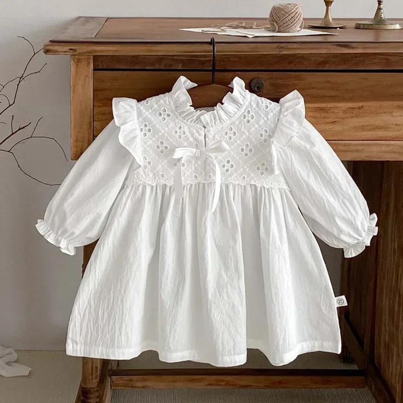 

2024 New Spring Sister Clothes Infant Baby Girls Party Dress Toddler Bodysuits Long Sleeved Cotton Solid Color Princess Dress