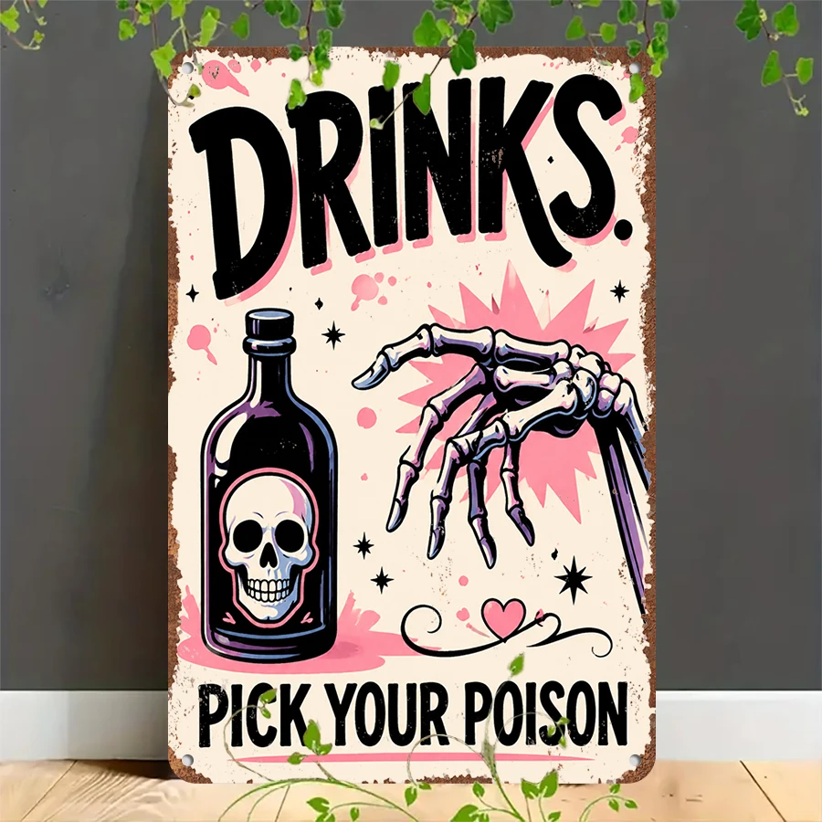 2D flat retro metal tin plate,  Vintage Spooky "Pick Your Poison" Bar Tin Sign, Suitable for home, garage, café, bar and garden decoration