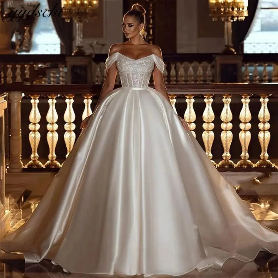 

2025 Luxury Princess CRYSTAL Sequined Satin Off Shoulder Wedding Dress sashes Ball Gown Sleeveless Bridal Gown Vestido De Novia