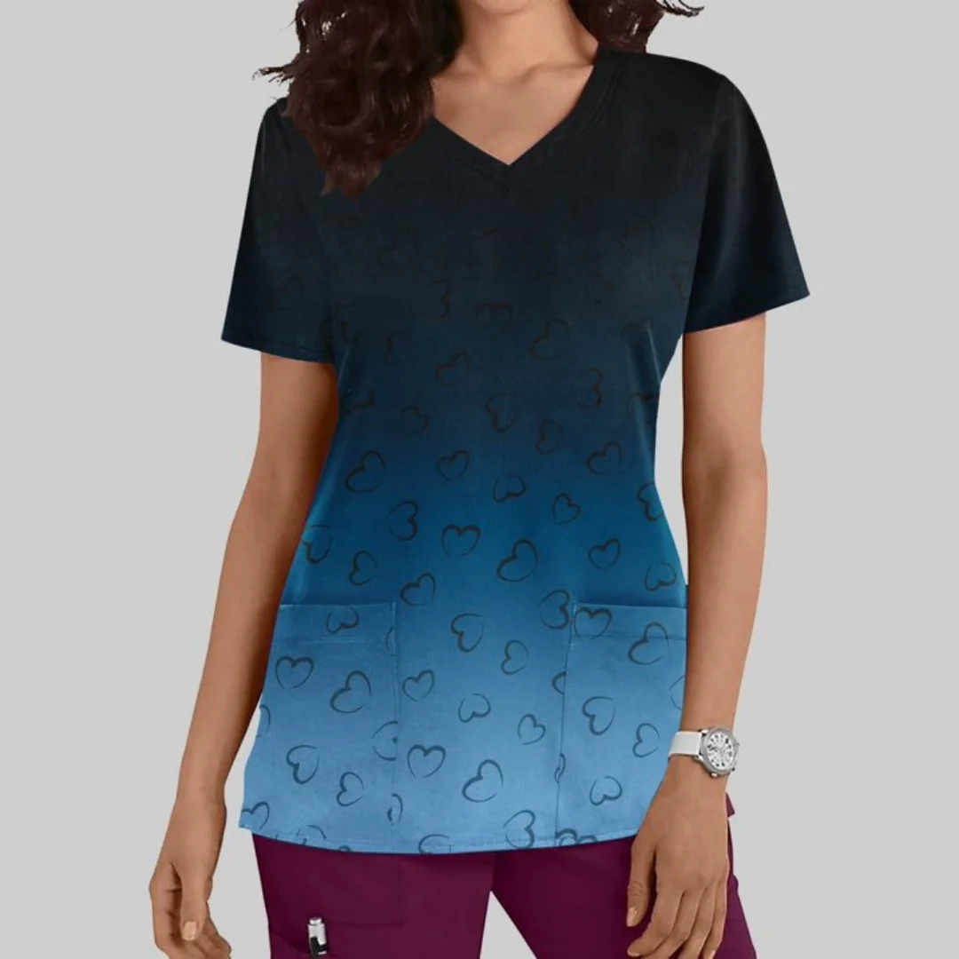 Top Argyle con cuello en V y corazón para mujer, Tops exfoliantes degradados para mujer, uniforme para enfermería, Top informal de manga corta con estampado de cuello en V para enfermera 2026